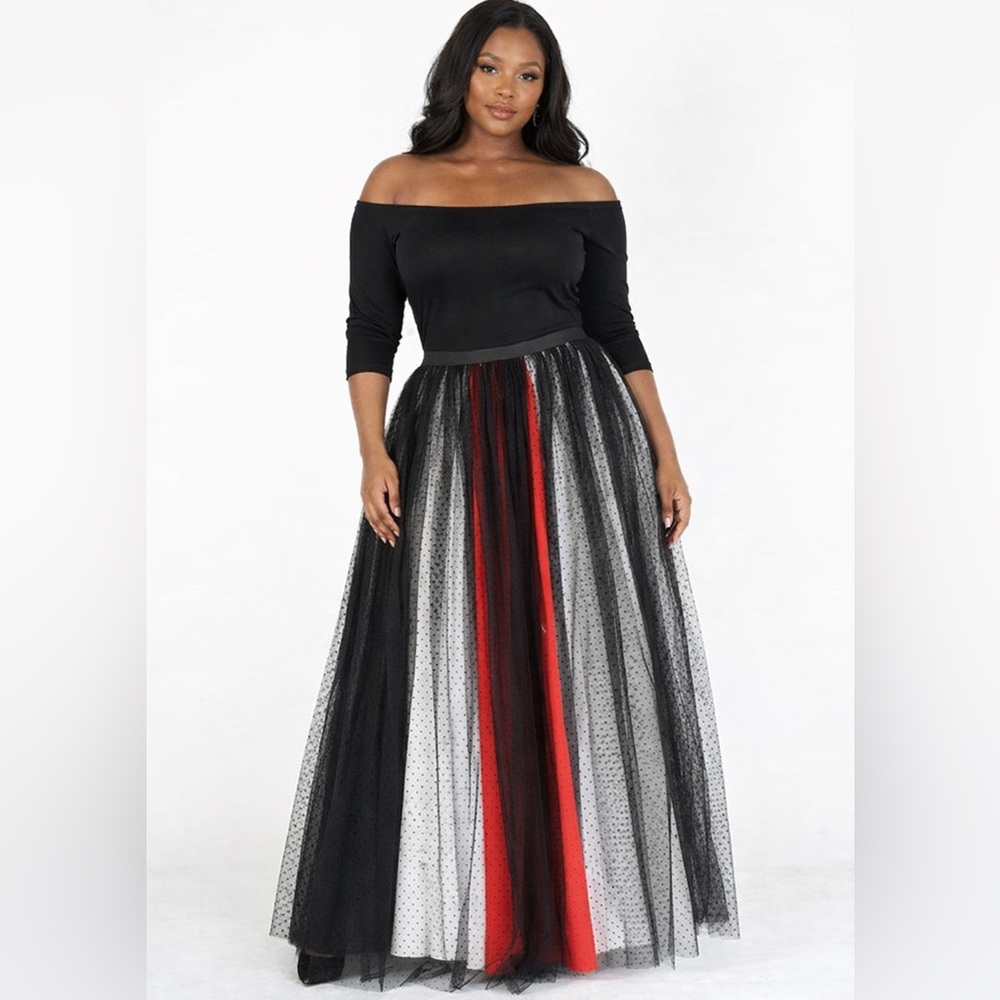 Black Polka Dot Tulle Maxi Skirt – Red & White Panels – Statement Piece